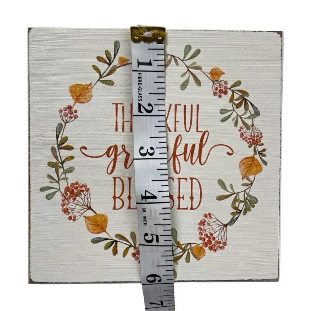 Thankful Grateful Blessed Whitewashed Distressed Wood Sign Quill to Paper NWT